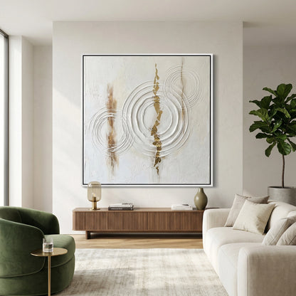 Luxury 'Abstract Echoes' area rug with a high-low pile texture in shades of cream and silver, bringing visual rhythm to a Dubai lounge.