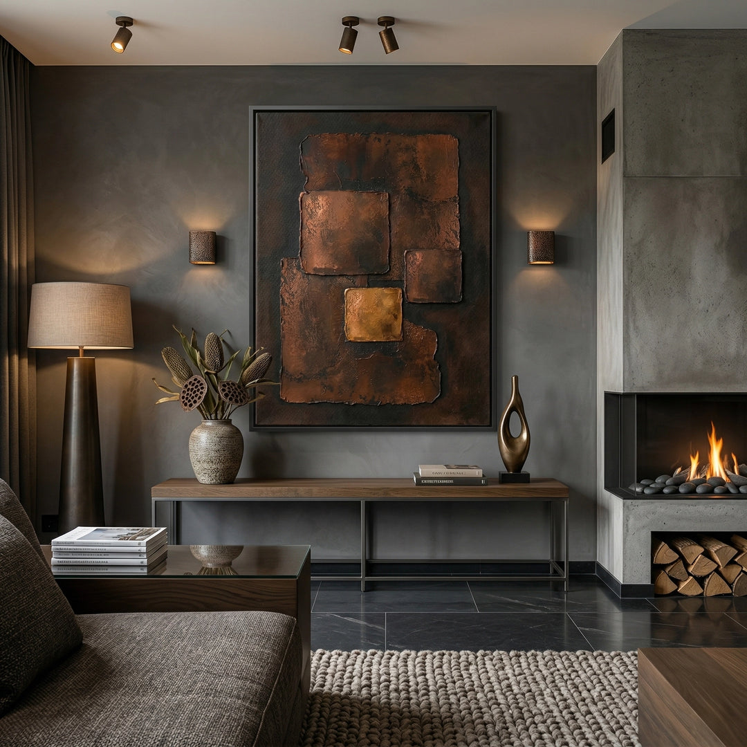 Textured abstract art print in earthy shades, enhancing sophisticated UAE interior styling