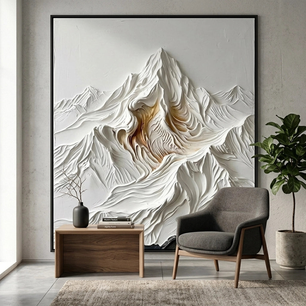 2Textured impasto art print with neutral alpine shades and minimalist design, enhancing stylish UAE interior styling