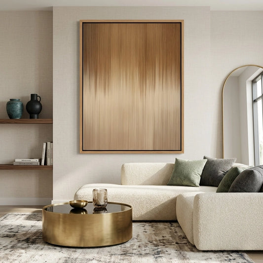 Ethereal 'Amber Rainfall' canvas art with shimmering metallic drips, adding a glow to a contemporary Abu Dhabi living room.