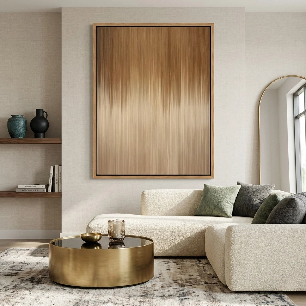 2Ethereal 'Amber Rainfall' canvas art with shimmering metallic drips, adding a glow to a contemporary Abu Dhabi living room.