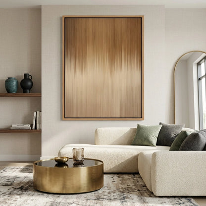 Ethereal 'Amber Rainfall' canvas art with shimmering metallic drips, adding a glow to a contemporary Abu Dhabi living room.