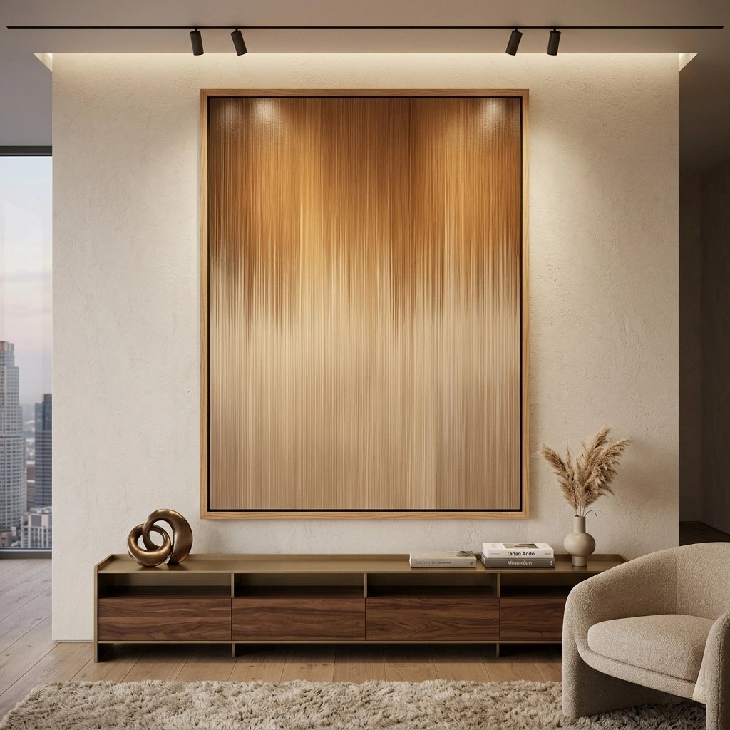 Minimalist 'Amber Rainfall' abstract art in rich ochre and gold hues, premium wall decor available in the UAE.