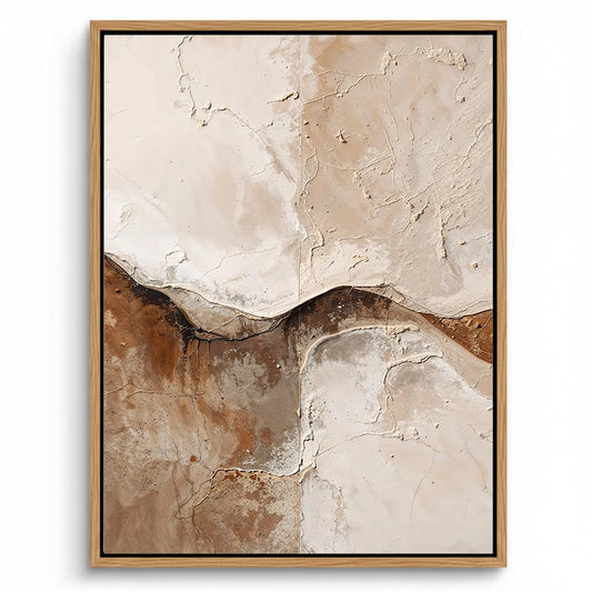 Large 3D 'Ancient Crust' plaster art featuring heavy cracked textures and weathered mineral layers in a warm sand and ochre palette, a primal focal point for a luxury Dubai villa.