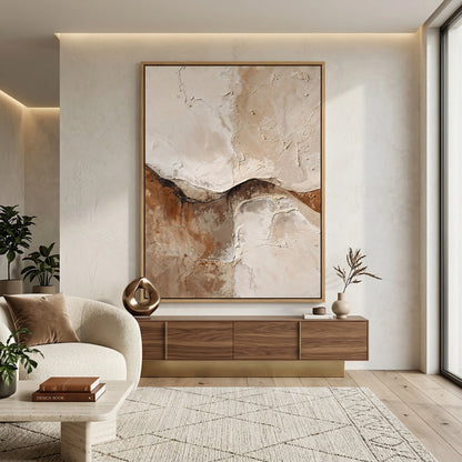 Sculptural 'Ancient Crust' coffee table with a raw-edged travertine top and a weathered stone base, a unique handcrafted furniture piece for high-end UAE interiors.