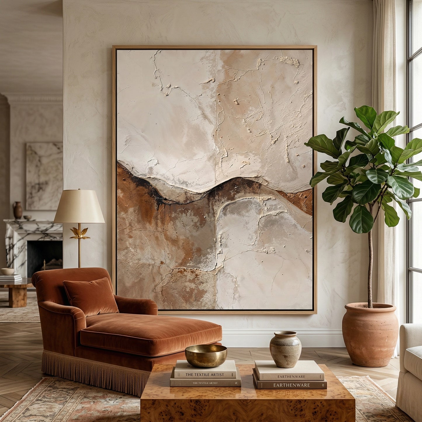 2Matte-finish 'Ancient Crust' ceramic vase with a rugged, fossilized texture and organic silhouette, a chic desert-inspired accessory for a modern Dubai apartment.
