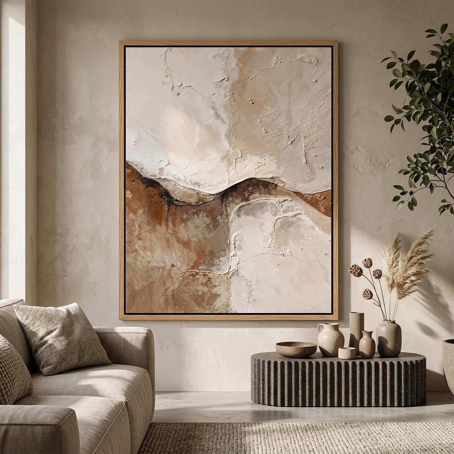 2Luxury 'Ancient Crust' area rug with a high-low pile texture mimicking a cracked desert floor, perfect for a serene and earthy Dubai lounge