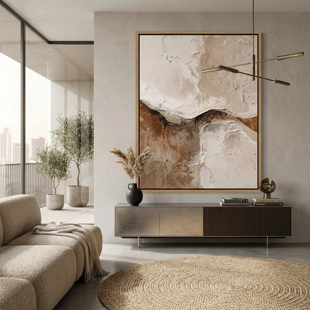 Jacquard 'Ancient Crust' linen cushion cover with a distressed, stone-washed texture in a natural clay shade, sophisticated neutral decor for a minimalist UAE interior.
