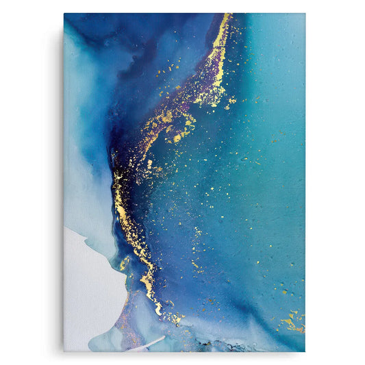 Abstract ink canvas print, deep blue, teal, and gold marbling effect art, fluid art wall decor
