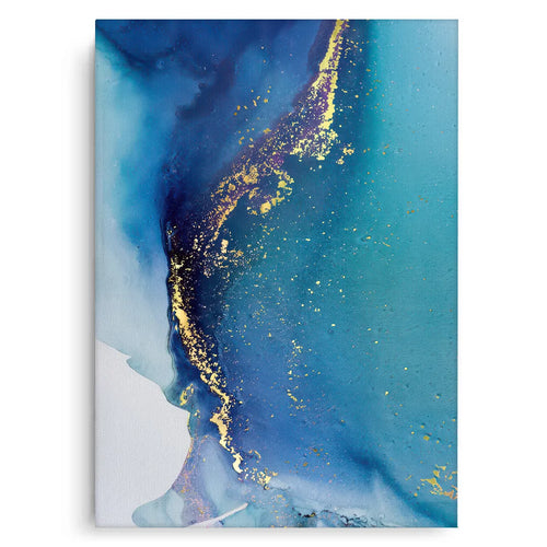 Abstract ink canvas print, deep blue, teal, and gold marbling effect art, fluid art wall decor
