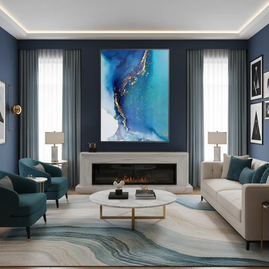 Framed abstract fine art print on wall above fireplace in blue living room, deep blue, teal, and gold fluid art