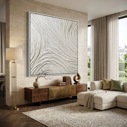 Minimalist 'Arctic Flow' canvas art featuring shimmering silver veins and icy textures, adding a sense of calm to a contemporary Abu Dhabi living room.