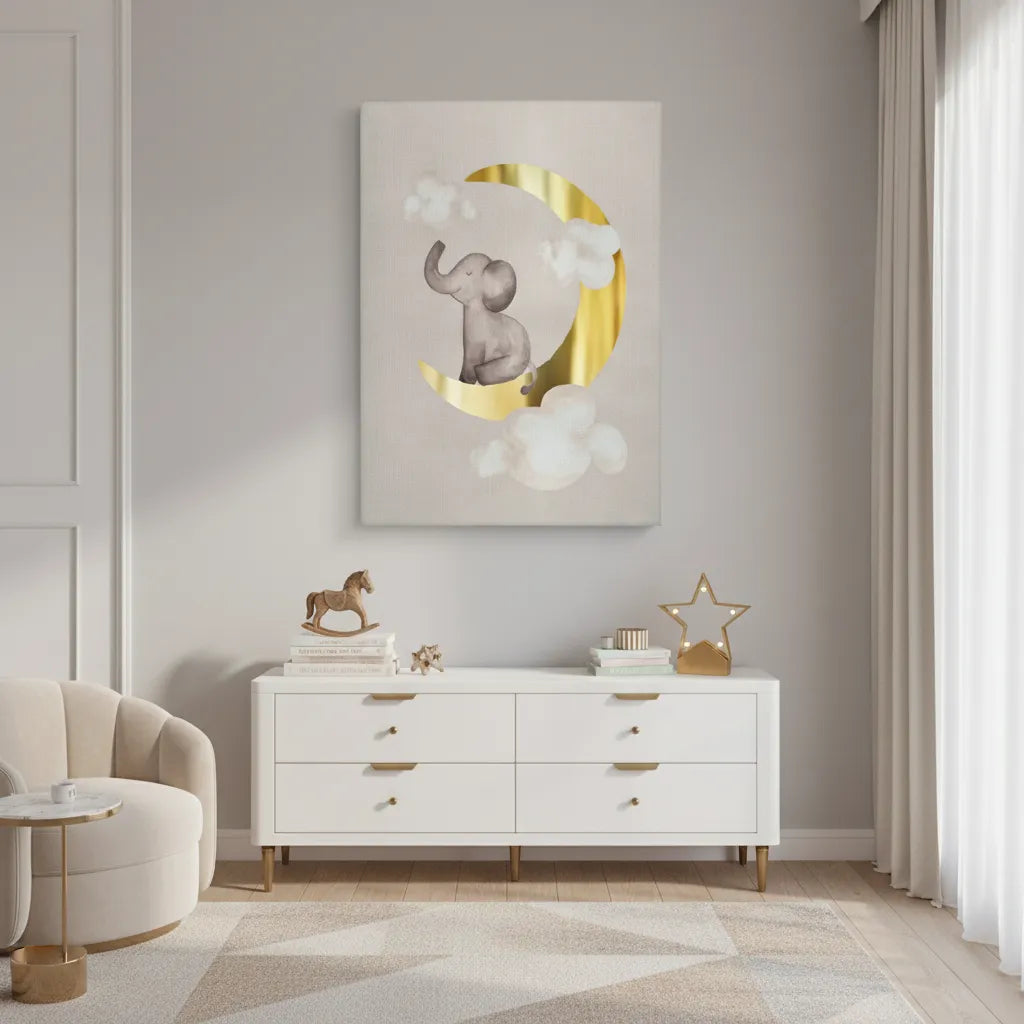 Baby Elephant on Gold Moon - Canvas - Jasmineart.ae