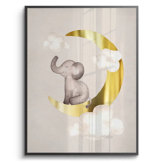 Baby Elephant on Gold Moon - Fine Art