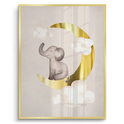 Baby Elephant on Gold Moon - Fine Art