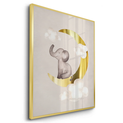 Baby Elephant on Gold Moon - Fine Art