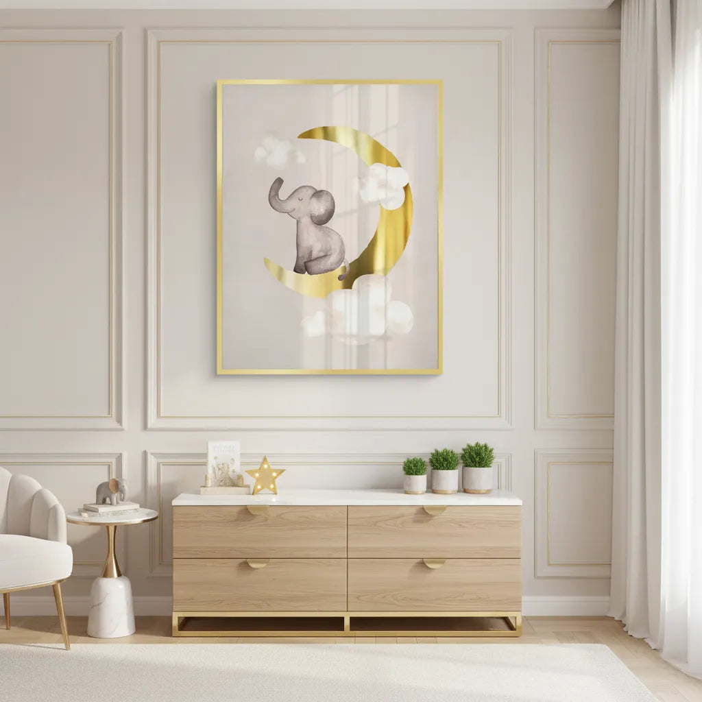 2Baby Elephant on Gold Moon - Fine Art