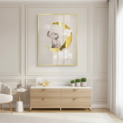 Baby Elephant on Gold Moon - Fine Art