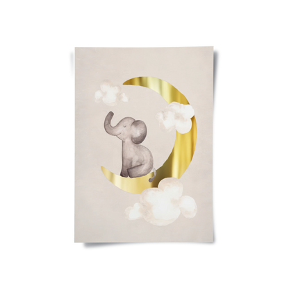 Baby Elephant on Gold Moon - Poster