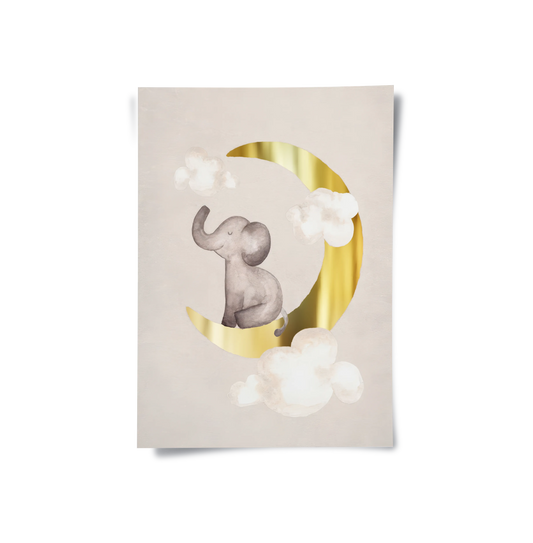 Baby Elephant on Gold Moon - Poster