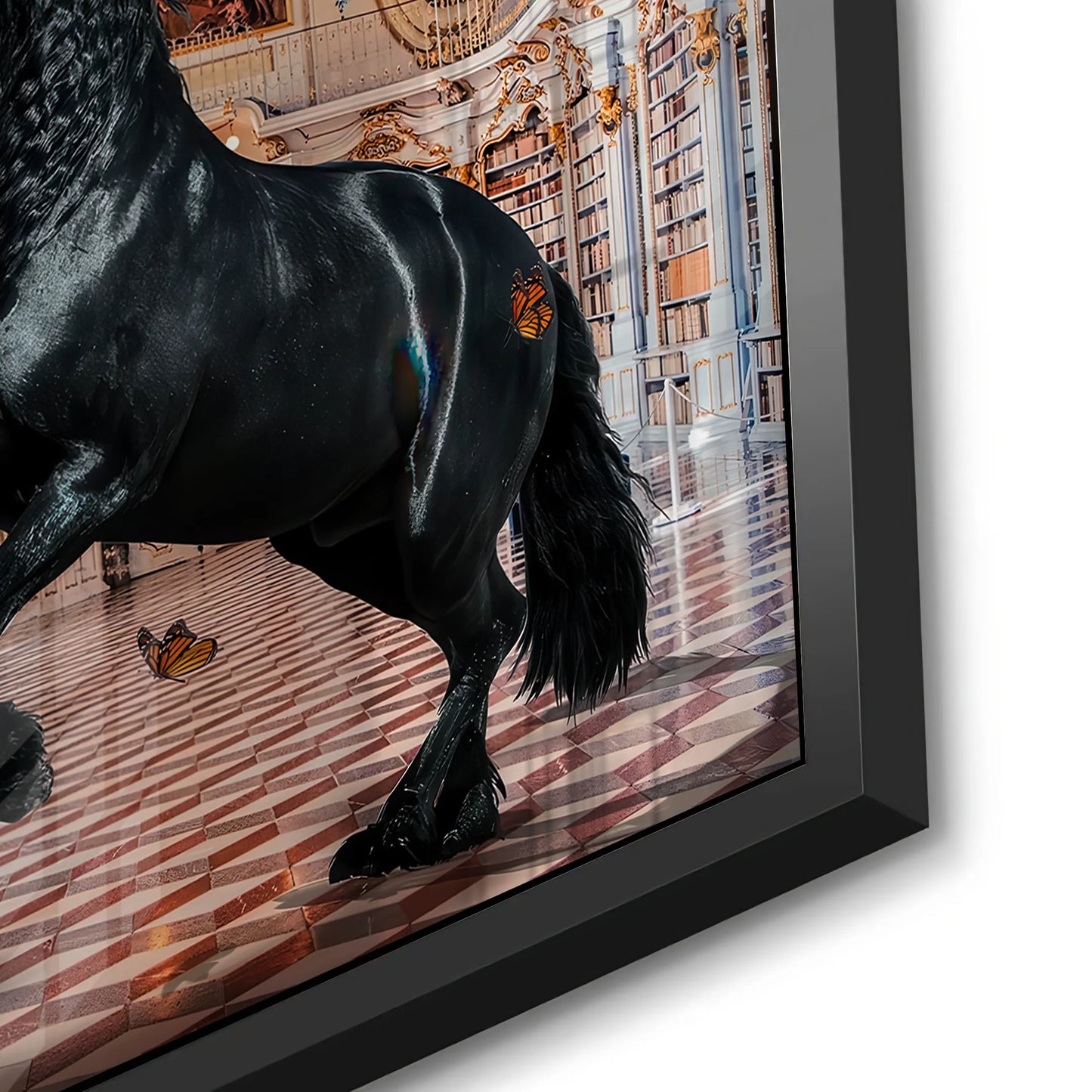 2Detailed close-up of the black framed acrylic panel, showcasing the texture of the horse's mane and glossy finish.