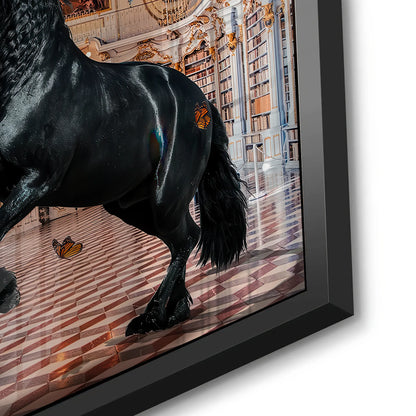 Detailed close-up of the black framed acrylic panel, showcasing the texture of the horse's mane and glossy finish.