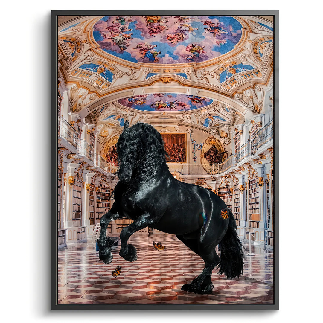 Black-framed acrylic print of a magnificent black horse standing on its hind legs in a gold-accented library.