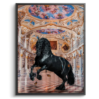 Black-framed acrylic print of a magnificent black horse standing on its hind legs in a gold-accented library.