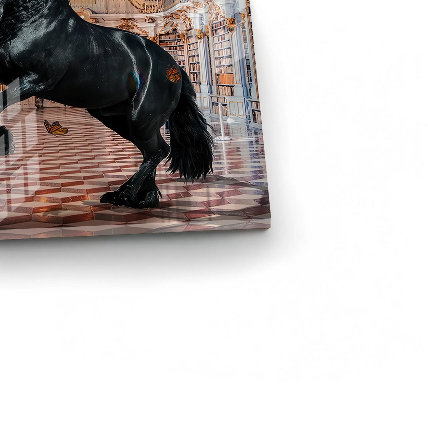 2Close-up of the black horse art, highlighting the acrylic finish and the ornate library ceiling detail.