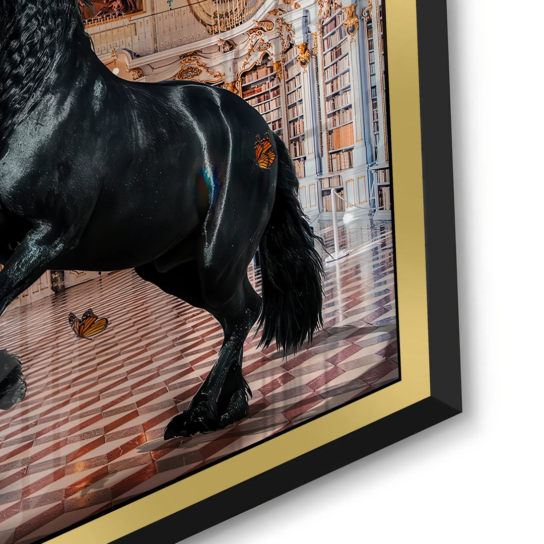Detailed corner close-up of the acrylic print edge, showcasing the black horse and the metallic gold frame.