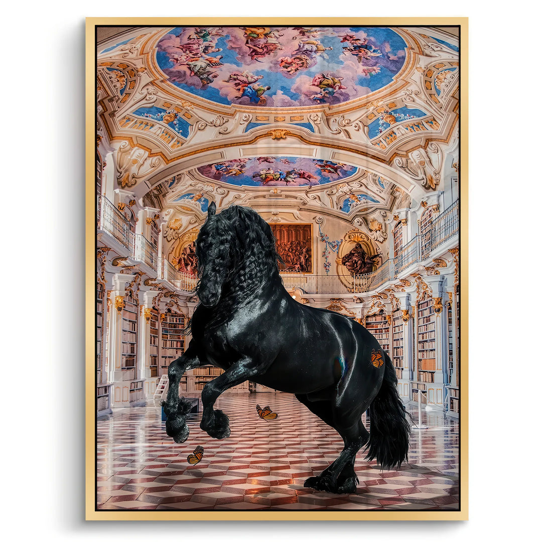 Gold-framed acrylic print of a magnificent black horse in a baroque library with a fresco ceiling.