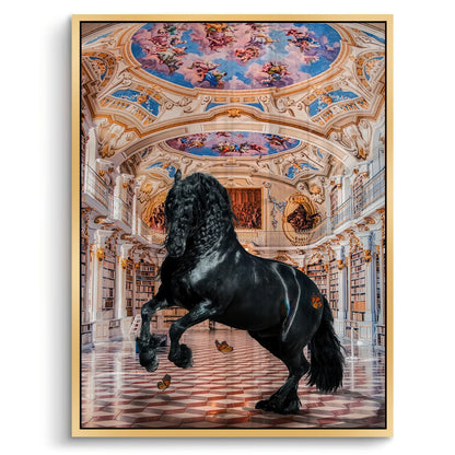 Gold-framed acrylic print of a magnificent black horse in a baroque library with a fresco ceiling.