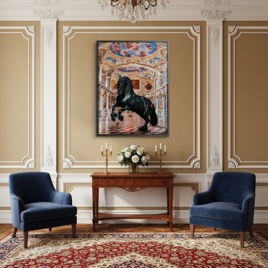 Formal living room with blue chairs and the framed surreal horse acrylic art above a wooden console table.