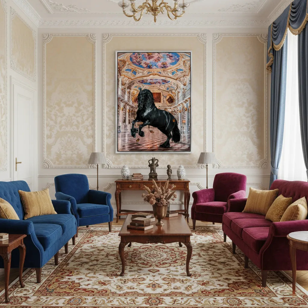 Vibrant living room with plush red and blue furniture, featuring the framed black horse acrylic print as a focal point.