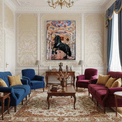Vibrant living room with plush red and blue furniture, featuring the framed black horse acrylic print as a focal point.
