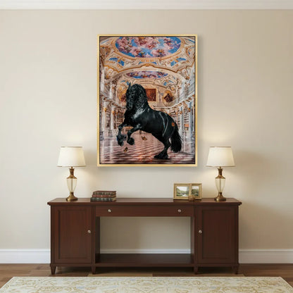 Contemporary living room with a dark wooden console and the framed black horse acrylic art centered above it.