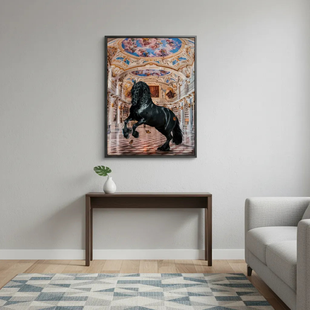 2Simple, modern room with a console table and the framed black horse acrylic art centered above it.
