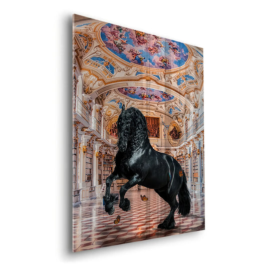 Angled view of a glossy acrylic print featuring a rearing black horse in a baroque library with a fresco ceiling.