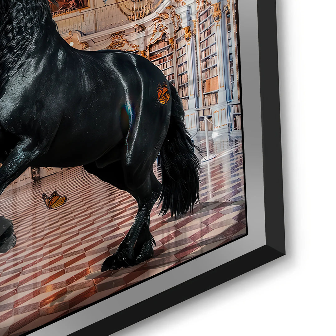 Dynamic perspective of the black horse acrylic art, highlighting the high-gloss finish and silver frame.