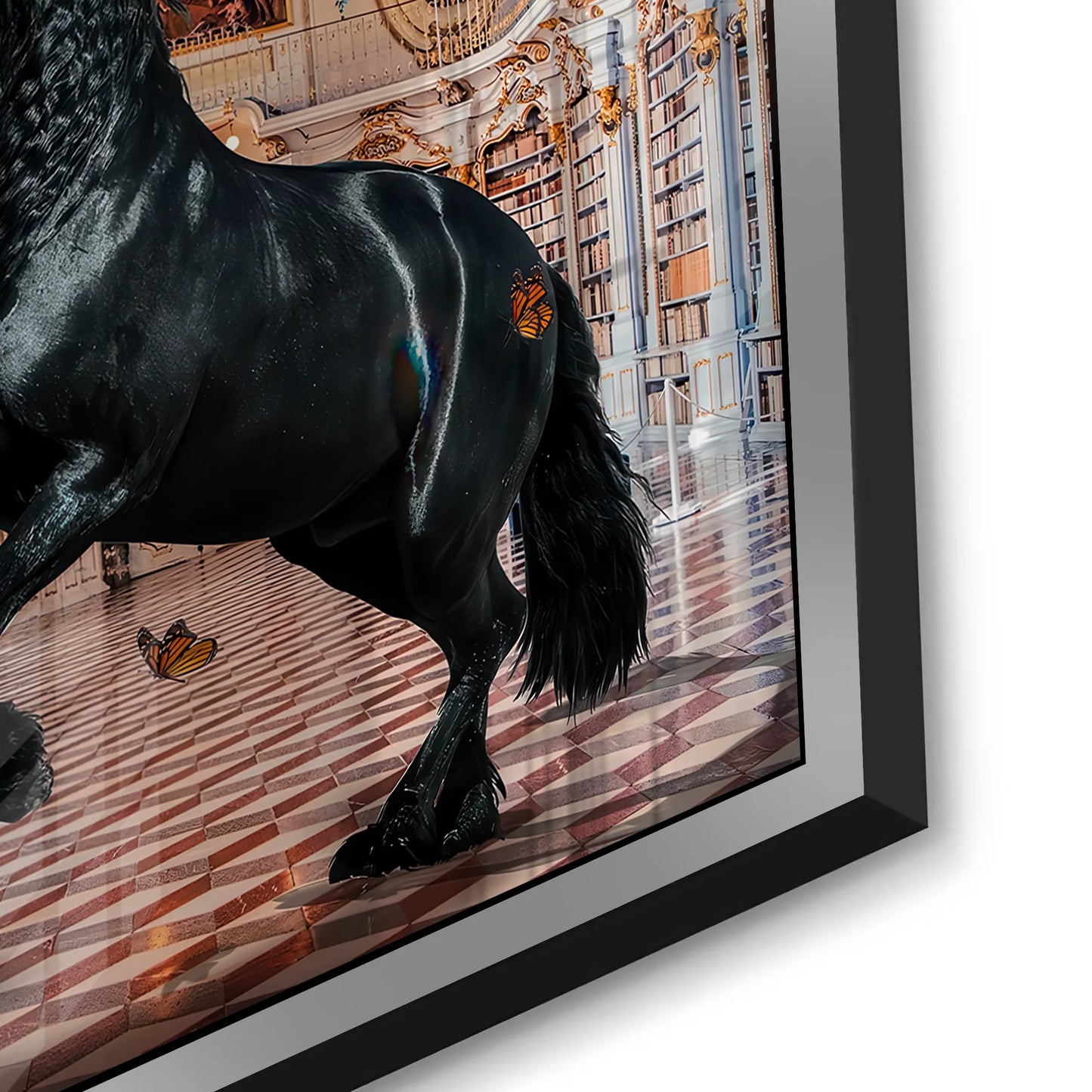 2Dynamic perspective of the black horse acrylic art, highlighting the high-gloss finish and silver frame.