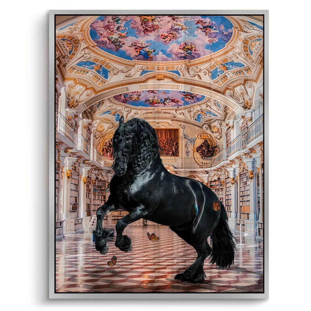 White framed of black horse rearing in a grand, ornate room with decorative ceiling and floor.