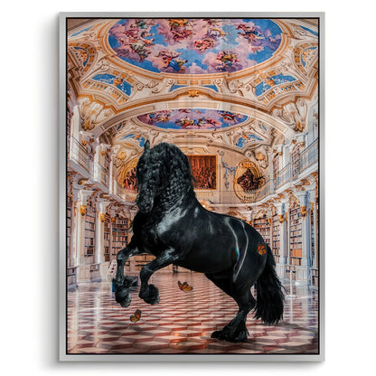 White framed of black horse rearing in a grand, ornate room with decorative ceiling and floor.