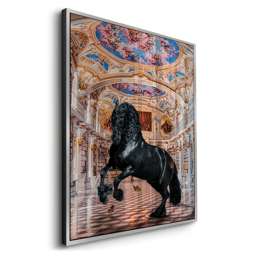 Angled view of a glossy acrylic print featuring a rearing black horse in an ornate library, silver frame.