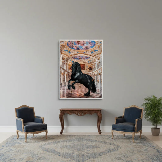 Fine art canvas print of rearing black horse in grand hall hanging above wooden console table