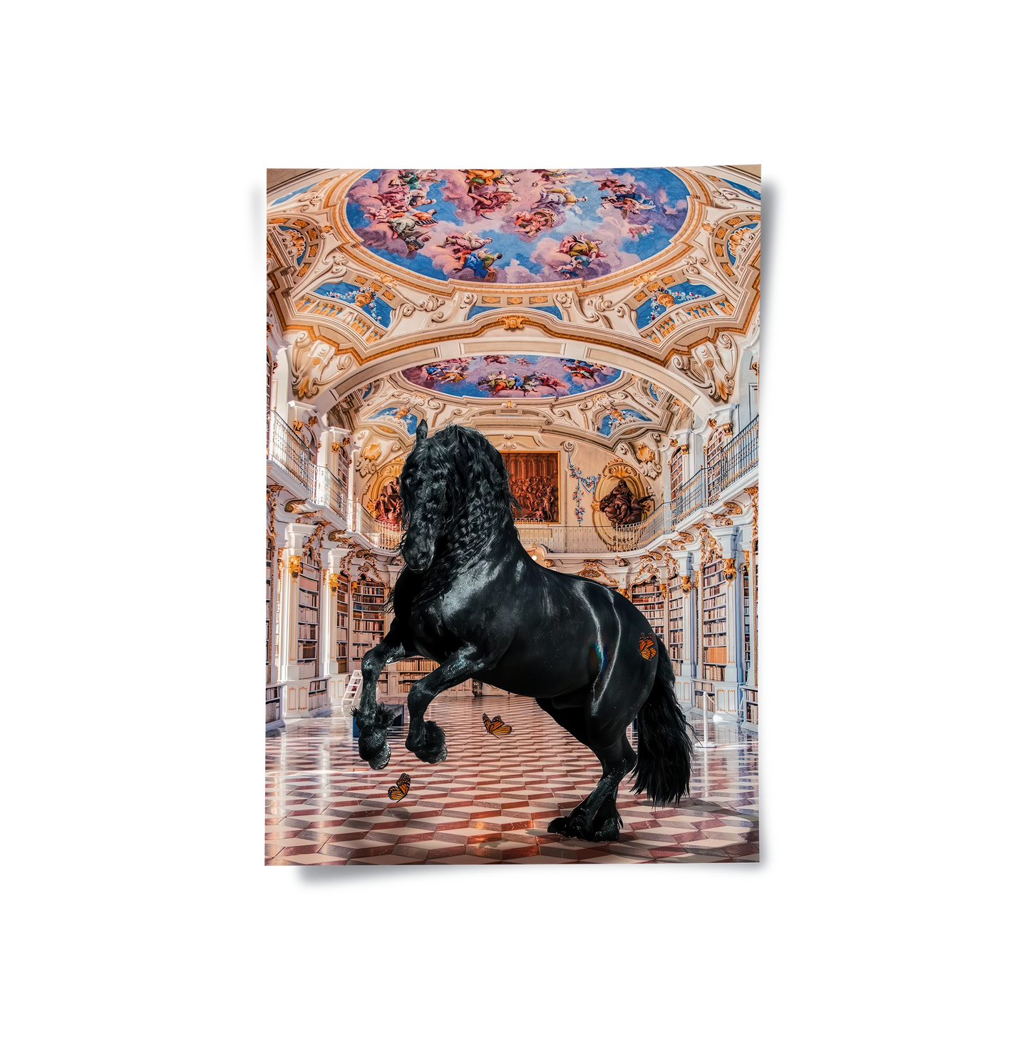 2Surreal black horse poster standing in a baroque library with cherub fresco ceiling and marble floor.
