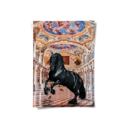 Surreal black horse poster standing in a baroque library with cherub fresco ceiling and marble floor.