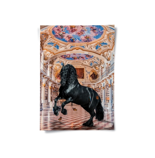 Surreal black horse poster standing in a baroque library with cherub fresco ceiling and marble floor.
