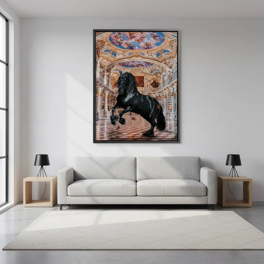 Framed canvas wall art of rearing black horse displayed in minimalist modern living room