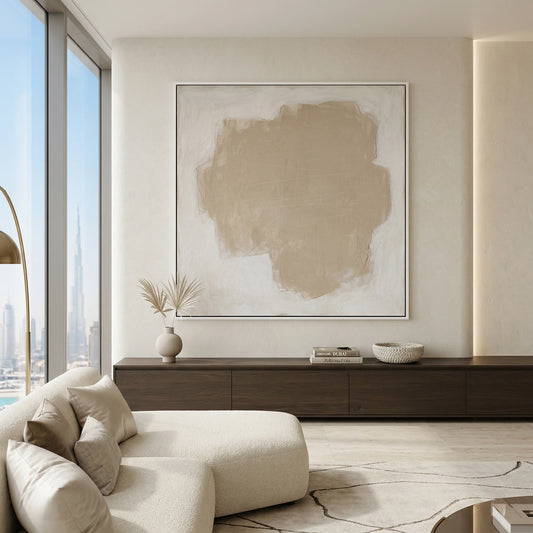 Natural sunlight hitting Beige Etchings plaster walls in a luxury beachfront villa in Dubai.