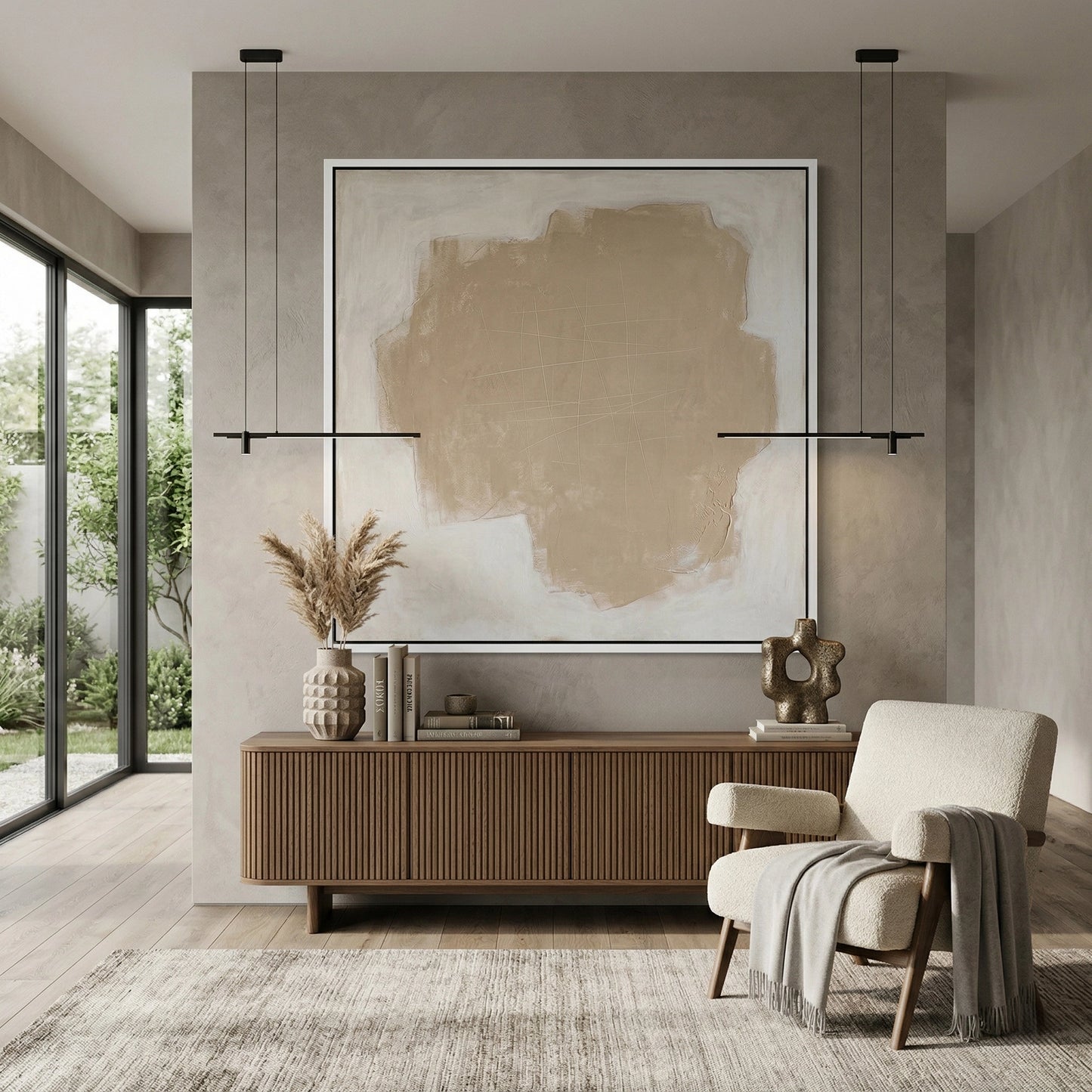 2Beige Etchings textured wall under warm grazing light, highlighting the delicate hand-carved details.